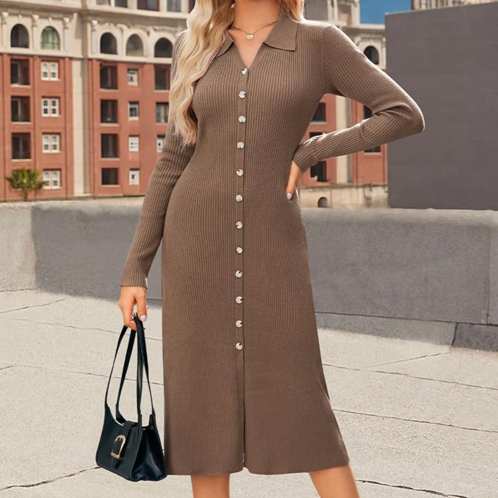 Ribbed Button-Front Collared Midi Dress - Brown